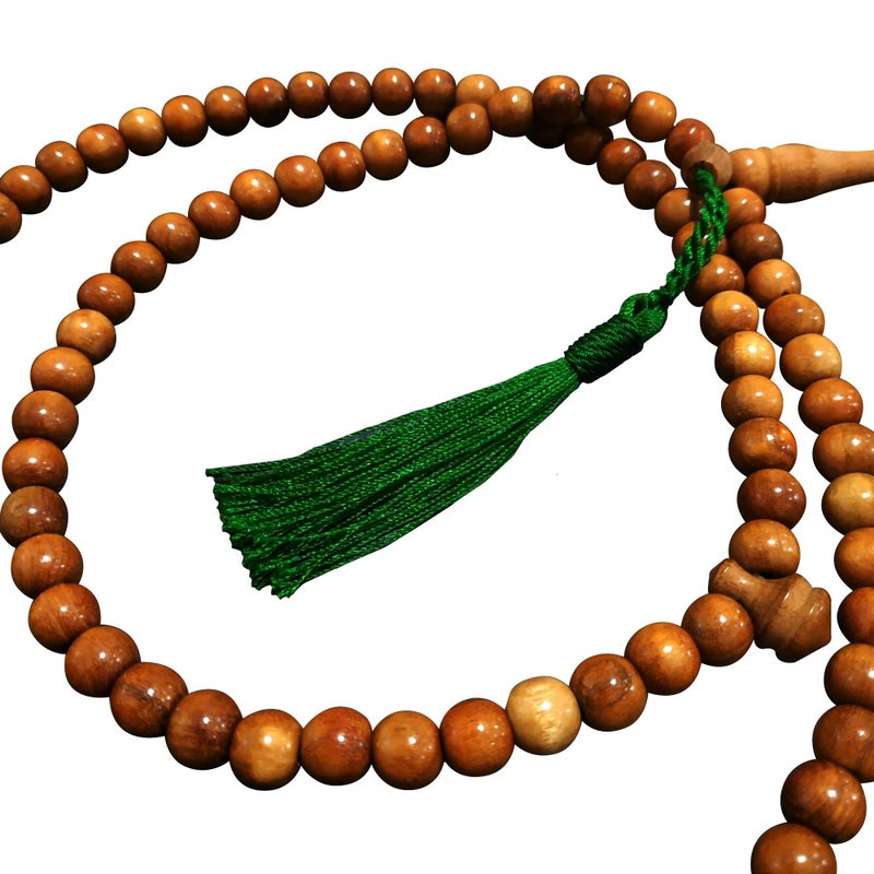 TheTasbih مسبحة طبيعية بنية 8 مم من خشب الحمضيات مع خيوط خضراء - Image 2